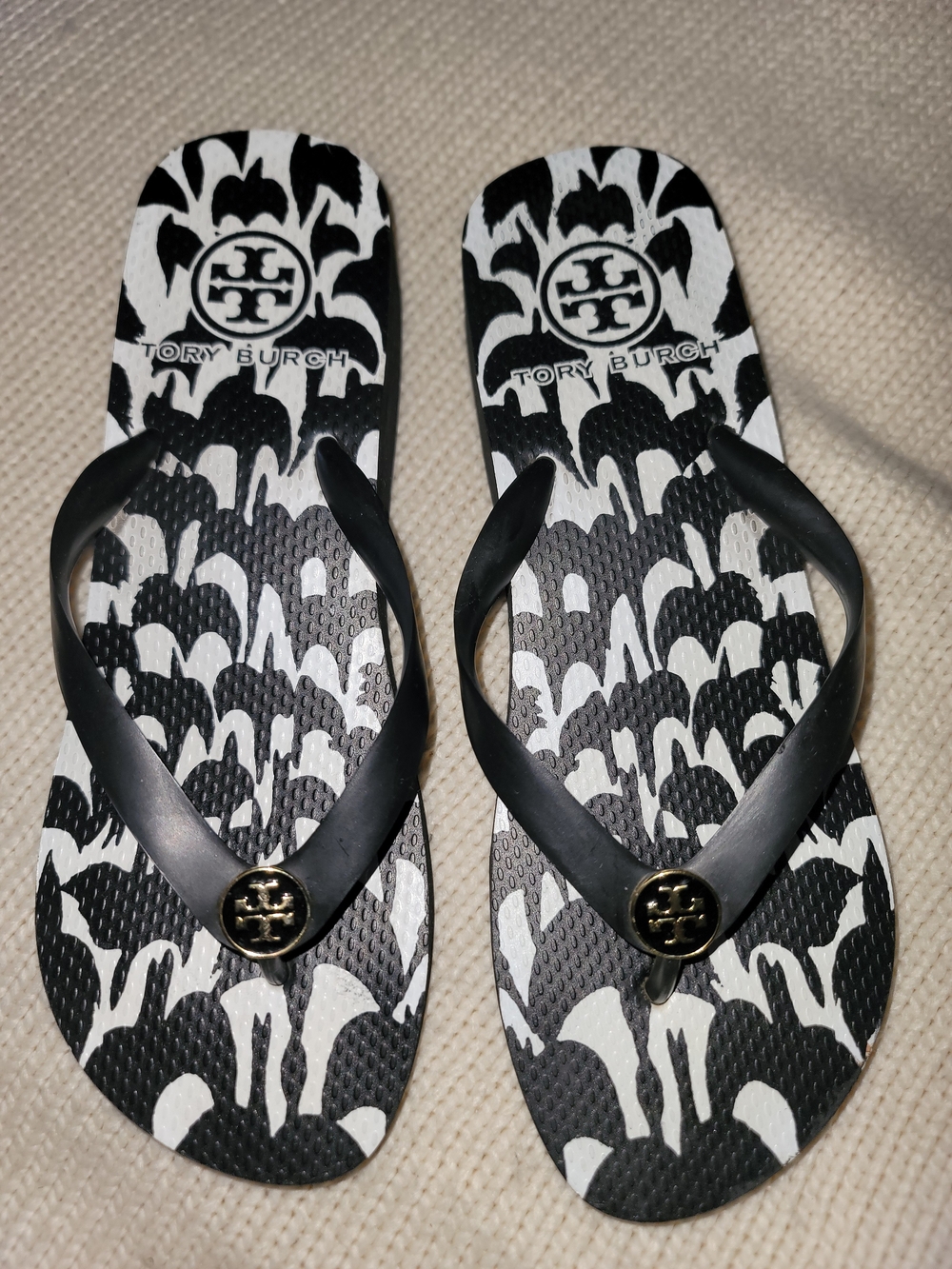 Tory Burch Black & White Logo Pattern Flip Flops